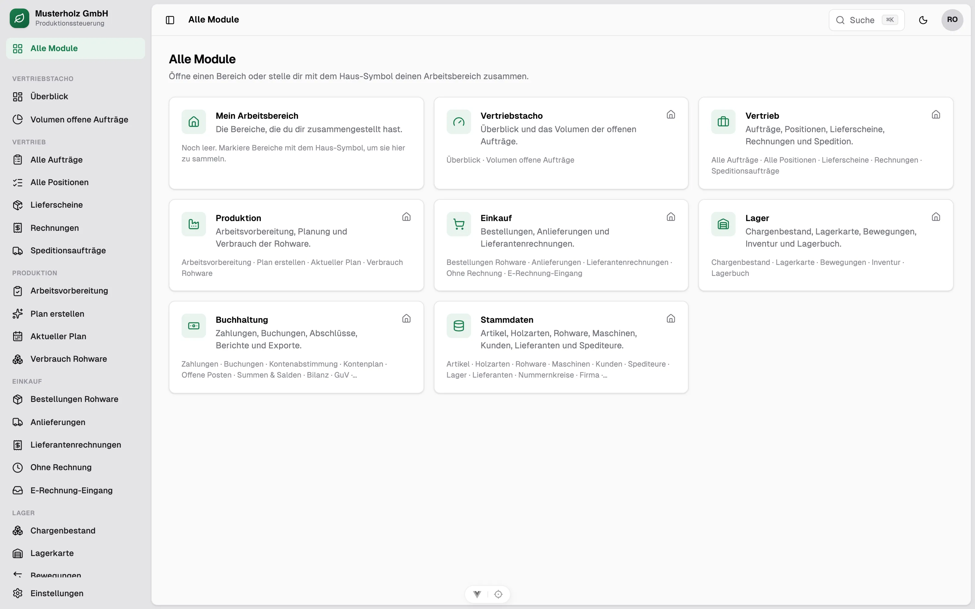 Modul-Übersicht „Alle Module“ mit allen Fachbereichen als Karten